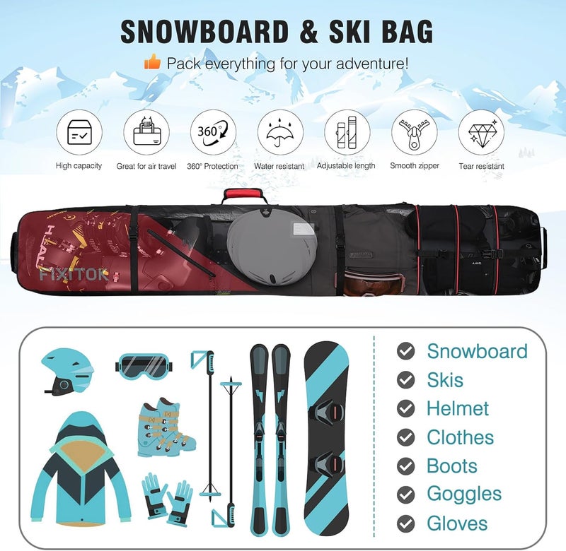 FIXITOK Snowboard & Ski Bag for Air Travel, Waterproof Full Padded Snowboard Bag Fit Board, Boots, Clothes, Helmet and Gear, Adjustable Length Ski Bag(157CM-181CM) - Image 2